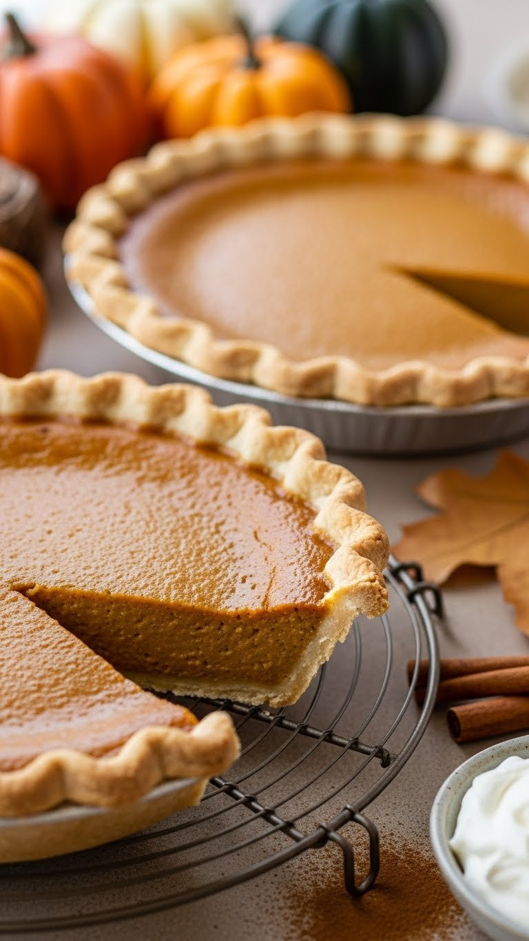 Classic Pumpkin Pie With Smooth Custard Filling And Golden-Brown Crimped Crust On A Wooden Rack.