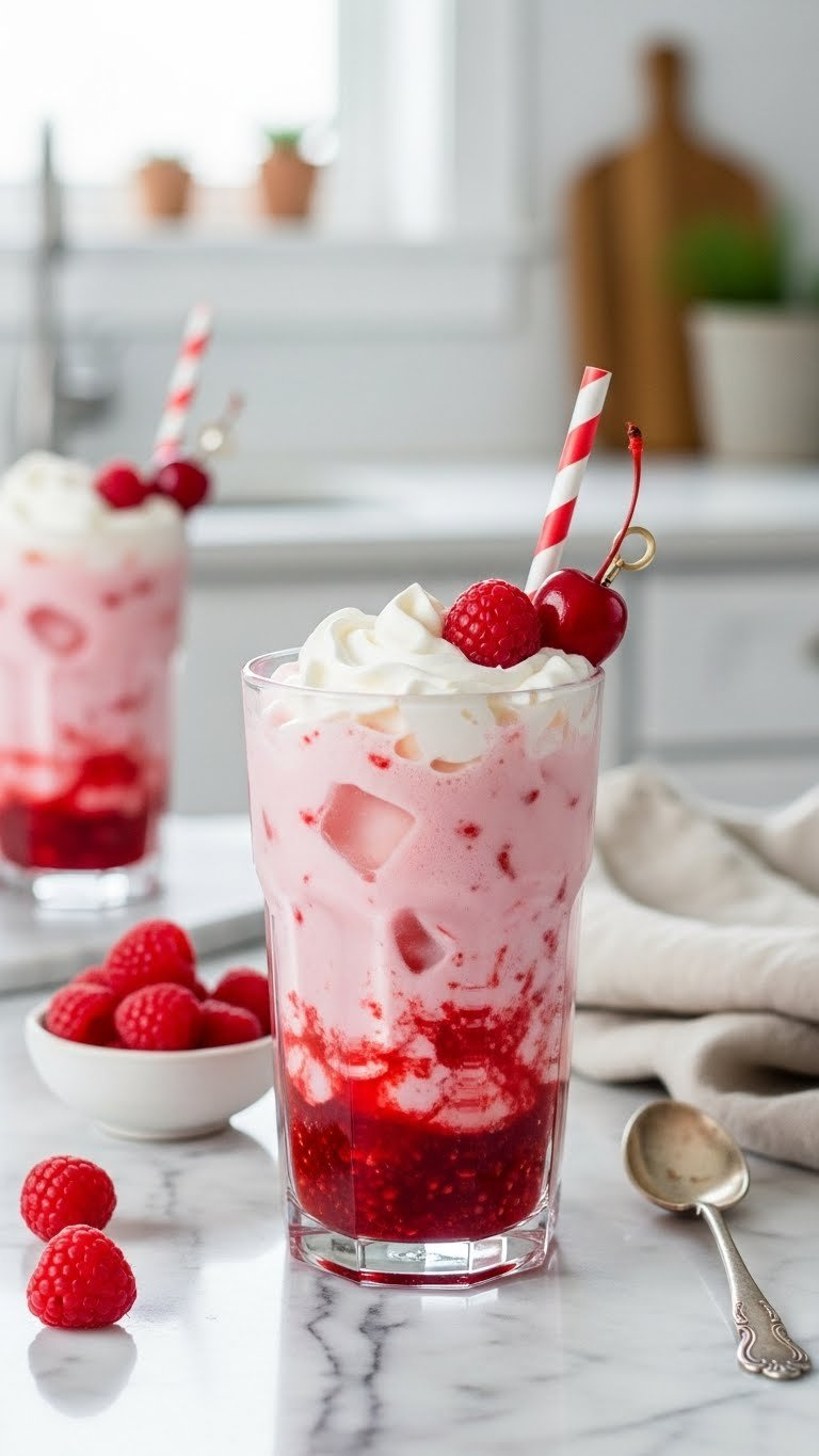 Classic Raspberry Cream Italian Soda In Tall Glass With Whipped Cream, Fresh Raspberries, And Cherry Garnish On Marble Countertop.