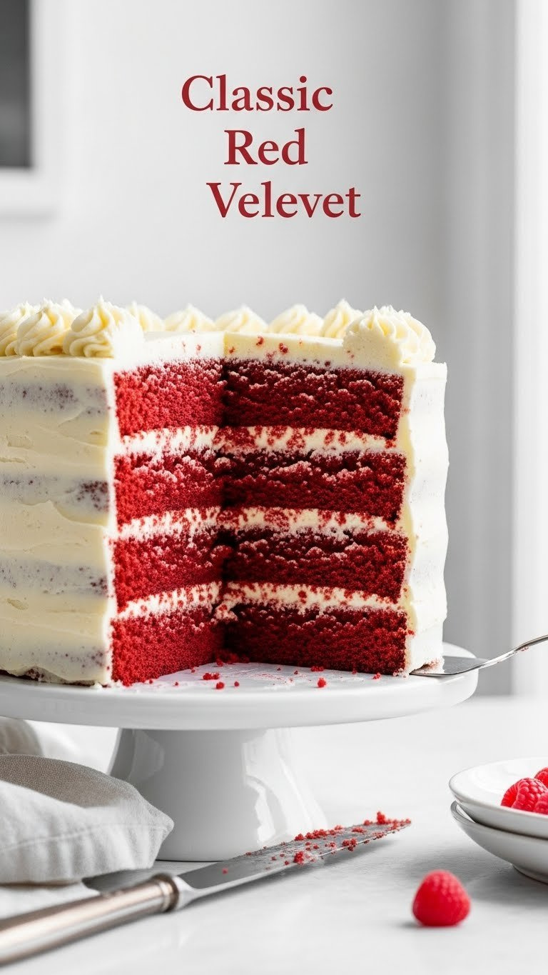 Classic Red Velvet Layer Cake Slice With Cream Cheese Frosting, Moist Red Crumb, Raspberries On A White Stand. Elegant Dessert.
