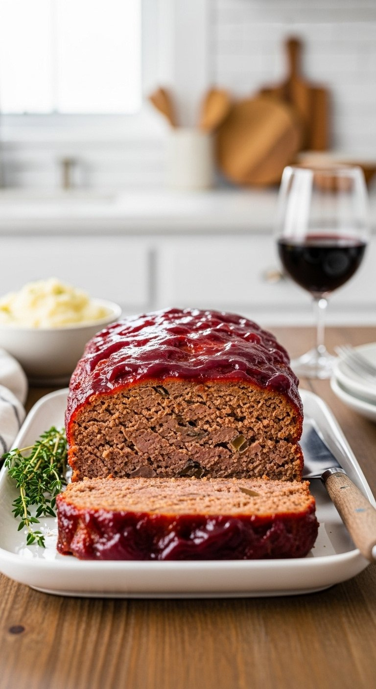Classic Savory Beef Meatloaf Sliced To Reveal A Moist Texture Topped With A Rich Tangy Glaze And Fresh Thyme.