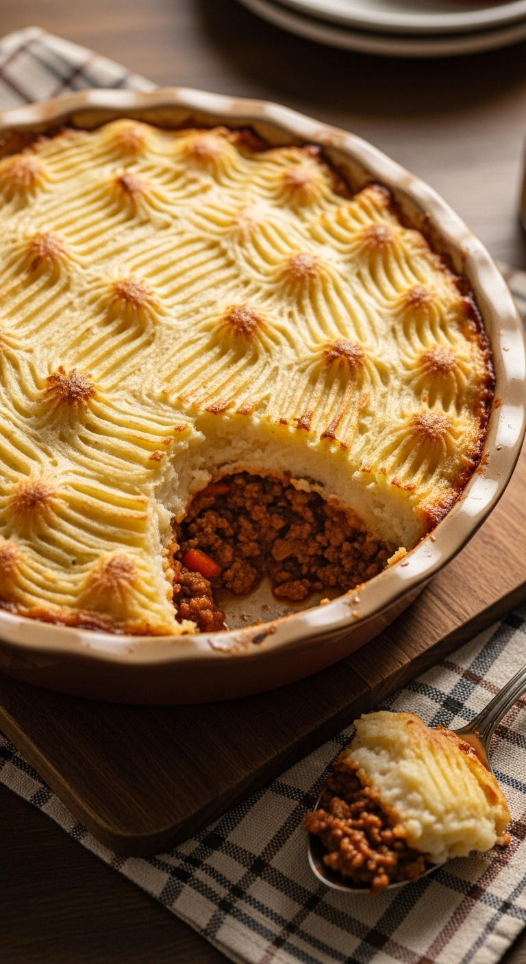 Classic Shepherd's Pie With Golden Brown Mashed Potato Topping And Scooped Serving Revealing Ground Beef Filling On Wooden Cutting Board