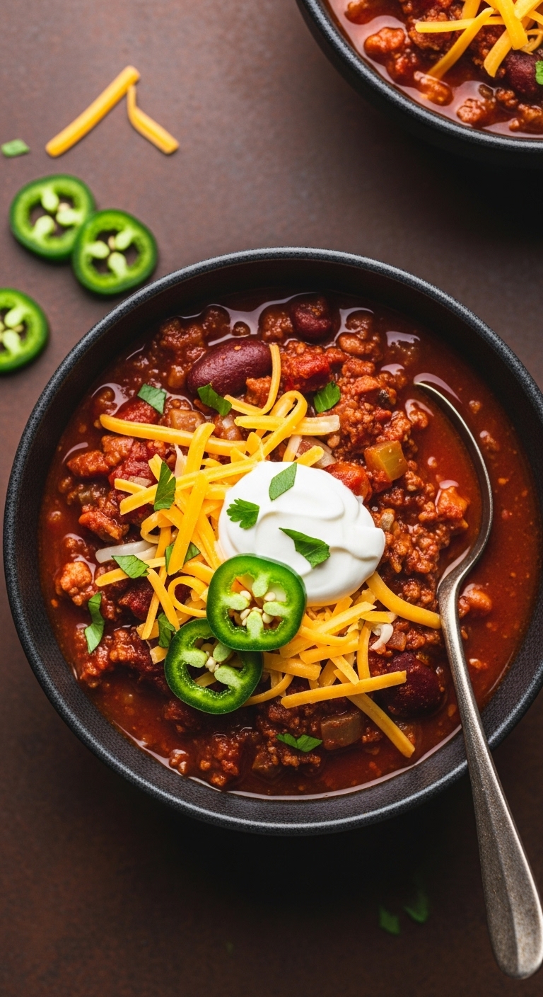 Classic Slow Cooker Chili Topped With Shredded Cheddar Cheese, Sour Cream, And Jalapeños