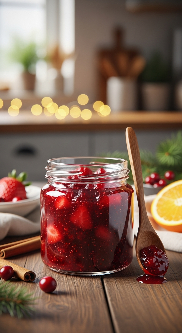 Classic Strawberry And Cranberry Christmas Jam In A Glass Jar With A Wooden Spoon And Festive Spices