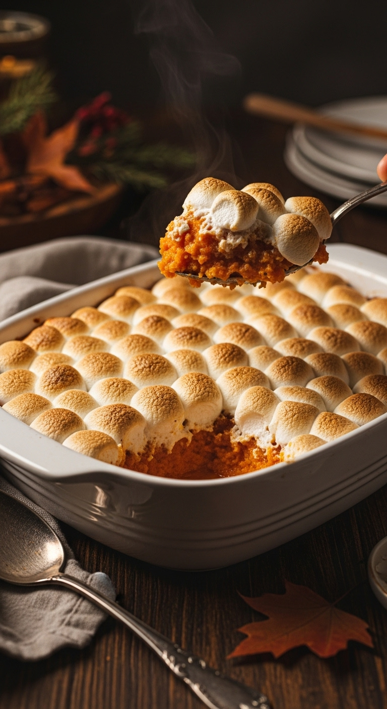 Classic Sweet Potato Casserole With Golden Marshmallows And Creamy Filling On A Rustic Table For Thanksgiving