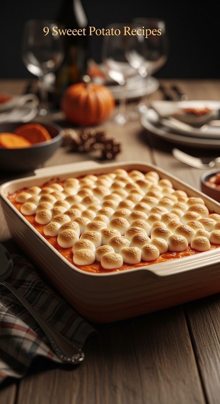 Classic Sweet Potato Casserole With Toasted Marshmallows In A Ceramic Baking Dish On A Rustic Wood Table At Thanksgiving
