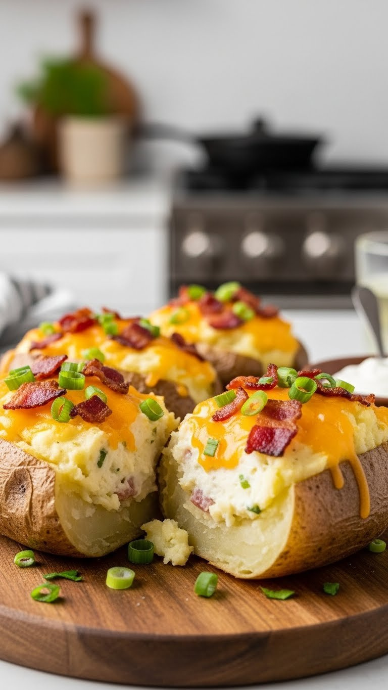 Classic Twice Baked Potatoes With Crispy Skins, Creamy Filling, Melted Cheddar Cheese, Smoky Bacon Bits, And Fresh Green Onions On Rustic Wooden Board