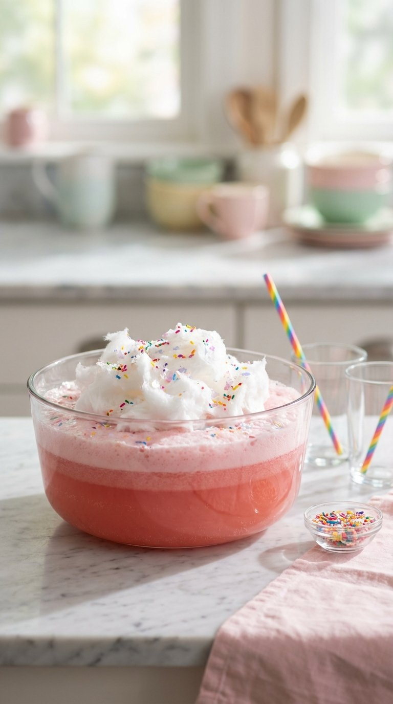 Classic Unicorn Punch With Pink Layers, Fluffy Cotton Candy Topping, Rainbow Sprinkles, And Edible Glitter In Clear Glass Bowl On Marble Countertop