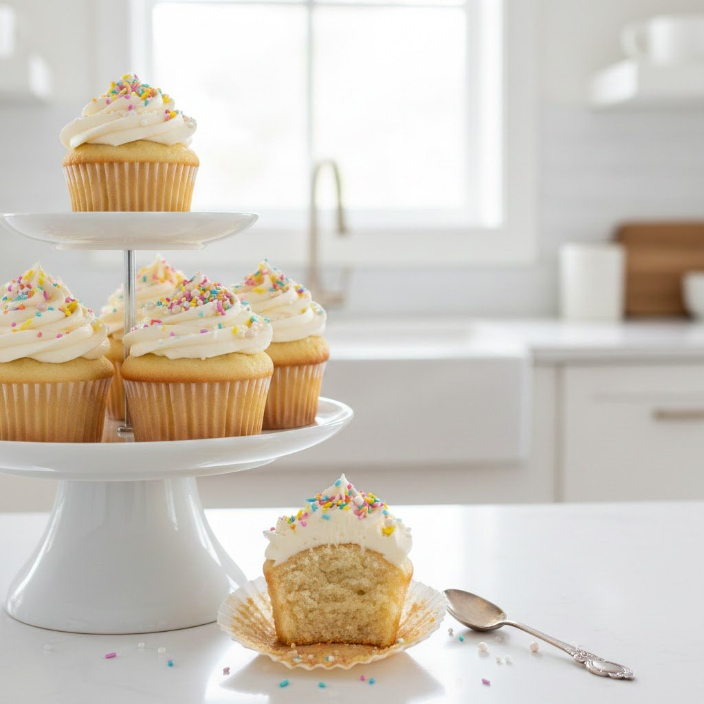 Classic Vanilla Cupcakes With White Frosting And Rainbow Sprinkles On Tiered Cake Stand.