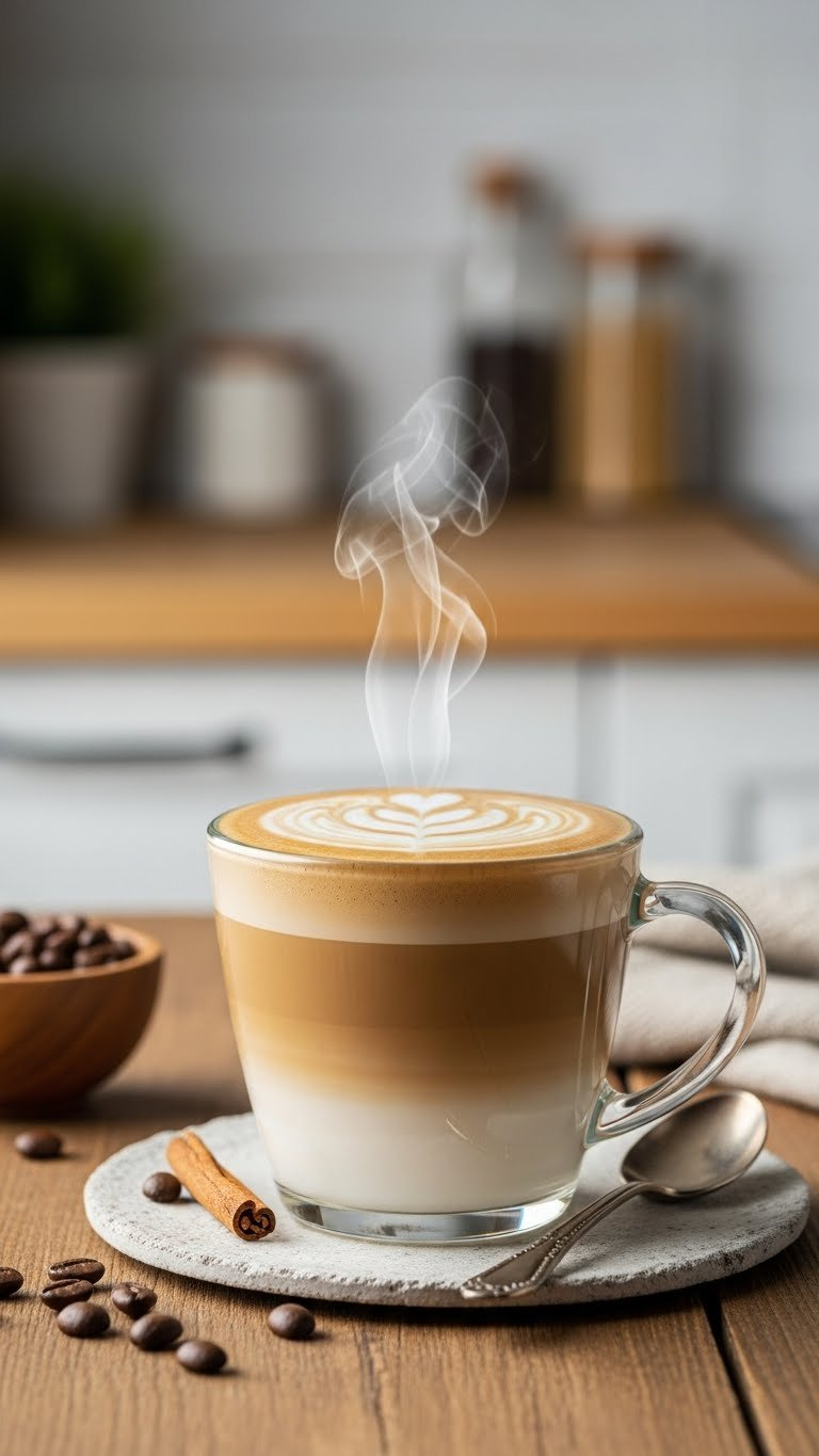 Classic Vanilla Latte In Clear Glass Mug With Layered Espresso And Steamed Milk, Featuring Creamy Microfoam And Latte Art On Rustic Wooden Table.