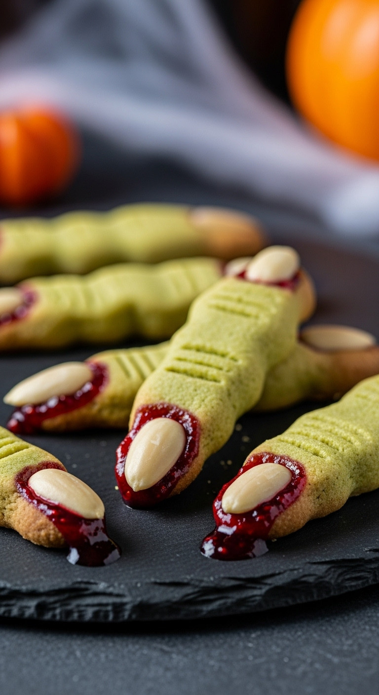 Classic Witch Finger Cookies With Pale Green Dough Almond Nails And Bloody Raspberry Jam On A Dark Slate Platter For Halloween