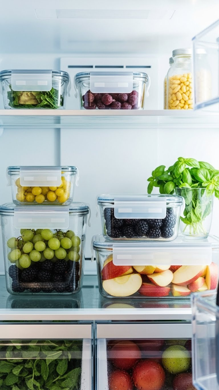 Clean, Dry Fruits Neatly Arranged In Glass Storage Containers Inside Brightly Lit Refrigerator For Fresh Storage.