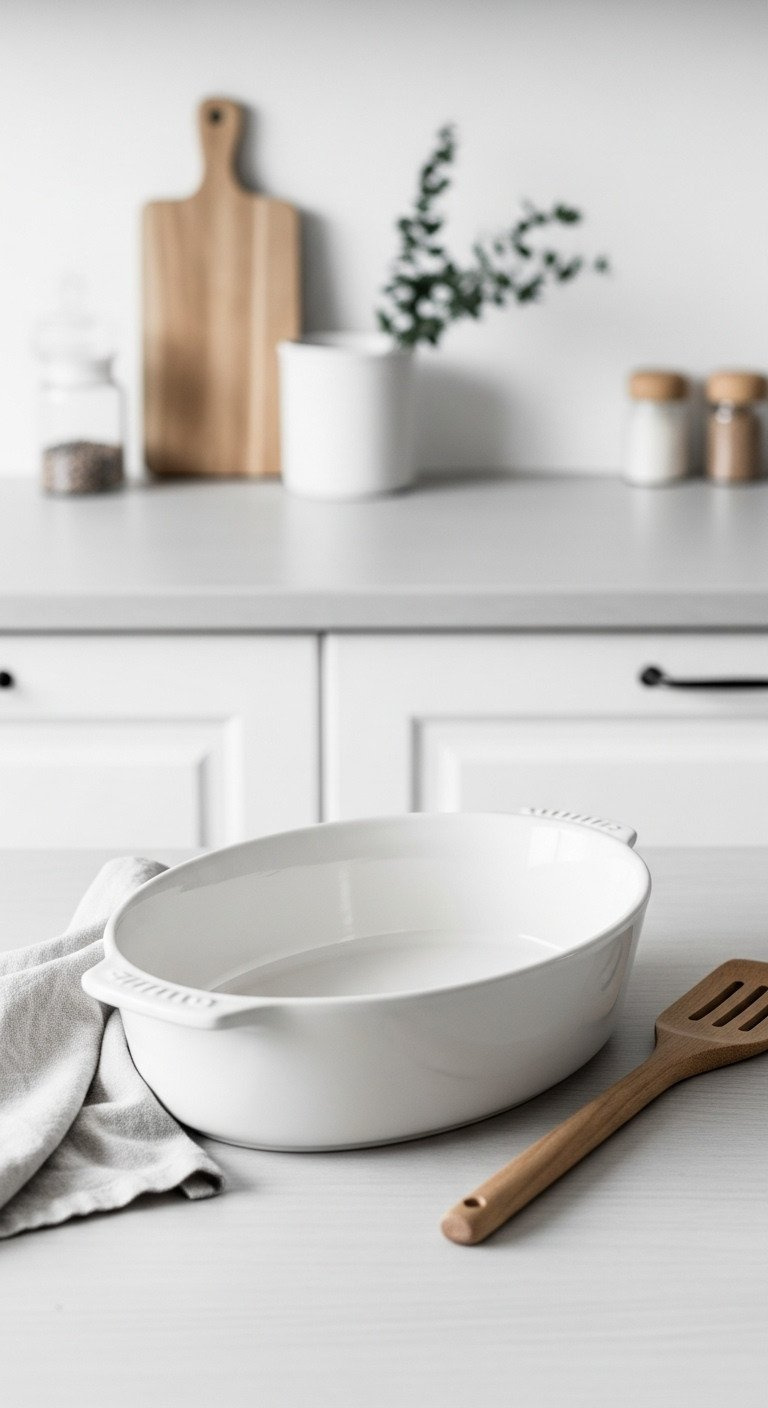 Clean, Empty White Oval Ceramic Casserole Dish On A Light Wooden Countertop, Ideal Kitchen Baking Vessel.
