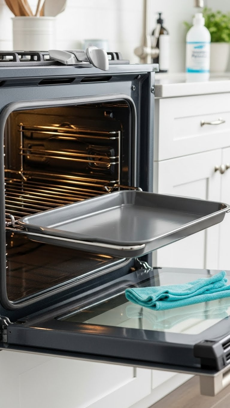 Clean Oven Interior With Stainless Steel Surfaces Reflecting Light And Racks Removed For Thorough Cleaning.