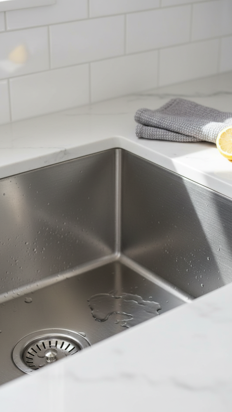 Clean Stainless Steel Kitchen Sink With Water Beading On Polished Surface, Featuring Linen Towel And Lemon Slice In Modern Kitchen Setting.