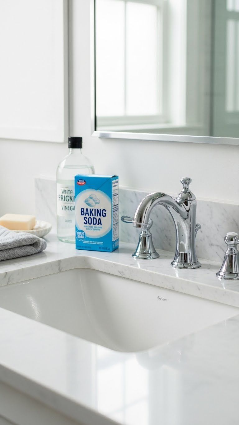 Clean White Porcelain Bathroom Sink With Baking Soda And Vinegar Arranged Elegantly On Marble Countertop