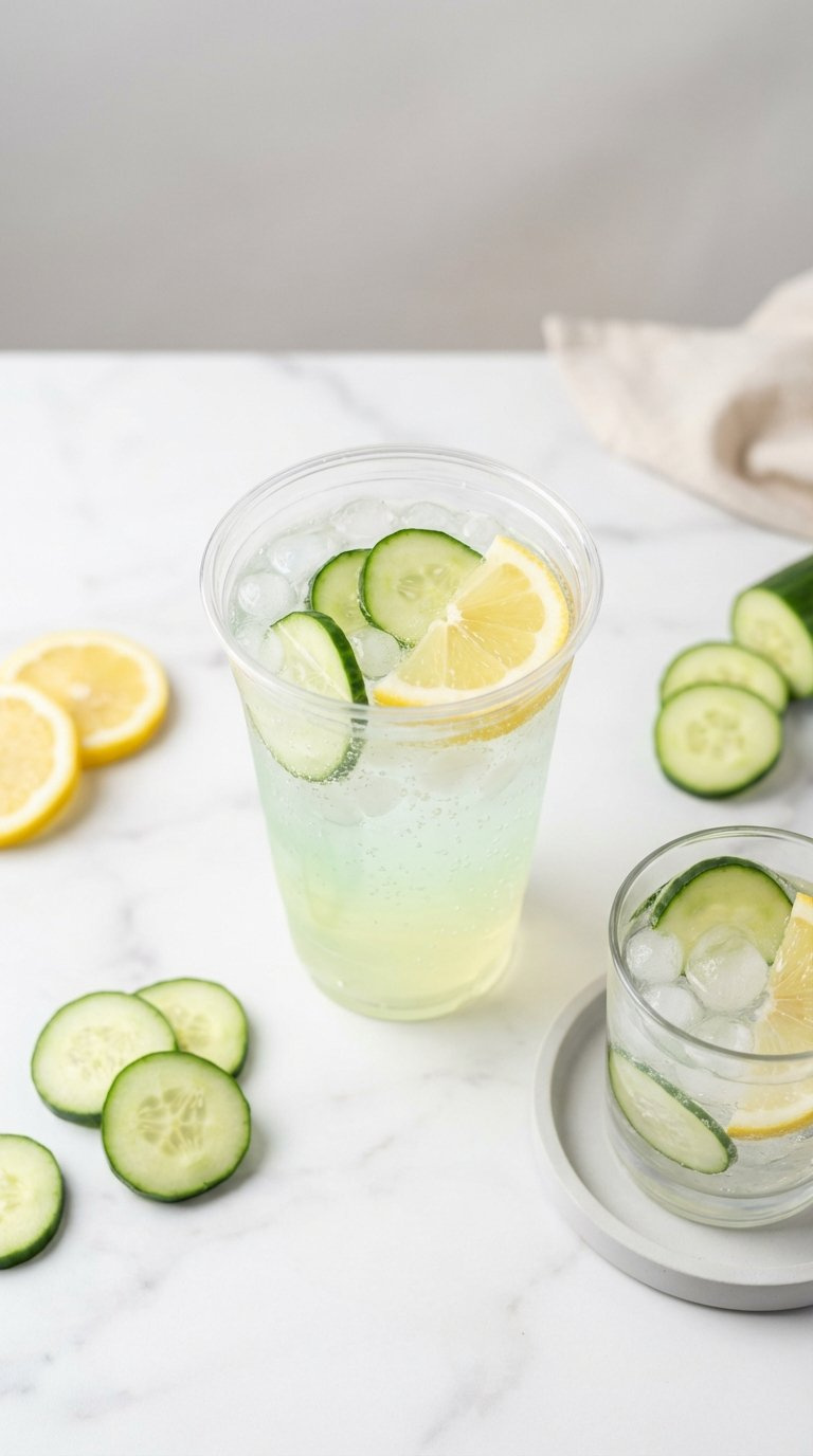 Clear Sonic Custom Water Beverage With Cucumber Slices, Lemon Wedge, And Pebble Ice On Marble Countertop