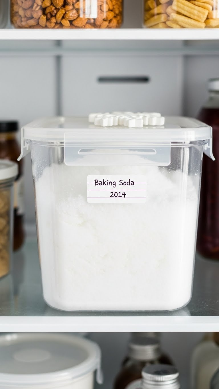 Clear Airtight Container Filled With Fluffy Fake Snow Stored On Refrigerator Shelf For Organization And Longevity