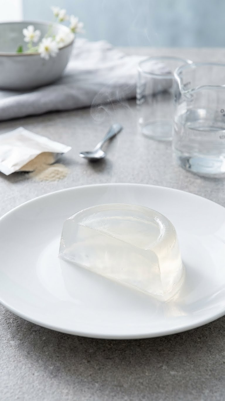 Clear, Firm Agar-Agar Gel Solidifying On A White Plate With Agar Powder. Excellent Vegan Gelling Agent And Egg Substitute.