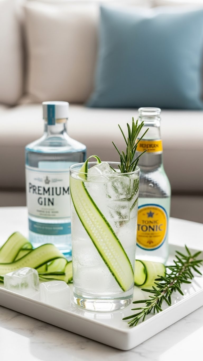 Clear Gin And Tonic In Elegant Highball Glass With Cucumber Ribbons And Rosemary Sprig Over Clear Ice Cubes.