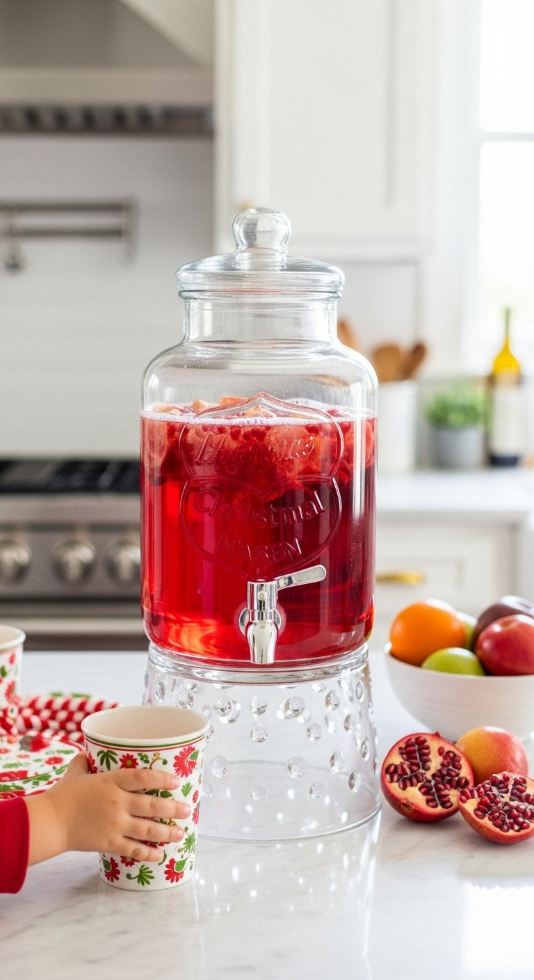 Clear Glass Beverage Dispenser With Sparkling Red Non-Alcoholic Christmas Punch, Pomegranate, Child Reaching, Festive Kitchen.