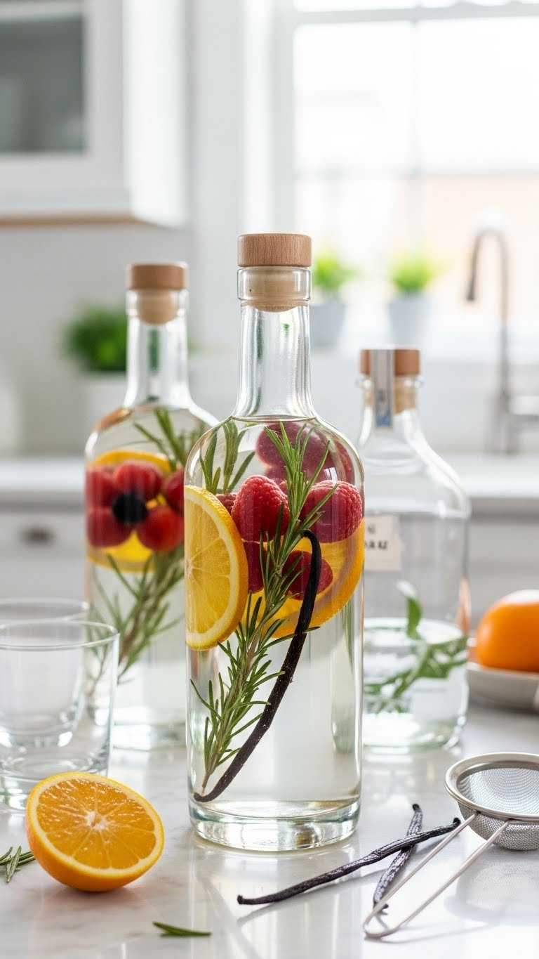 Clear Glass Bottles Of Infused Spirits With Citrus Slices, Berries And Rosemary Sprigs Visible Through The Liquid On Marble Surface