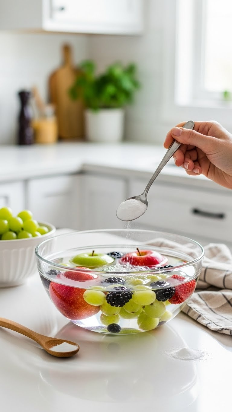 Clear Glass Bowl With Baking Soda Being Stirred Into Water Containing Fresh Apples, Grapes, And Berries Submerged In Cloudy Solution.