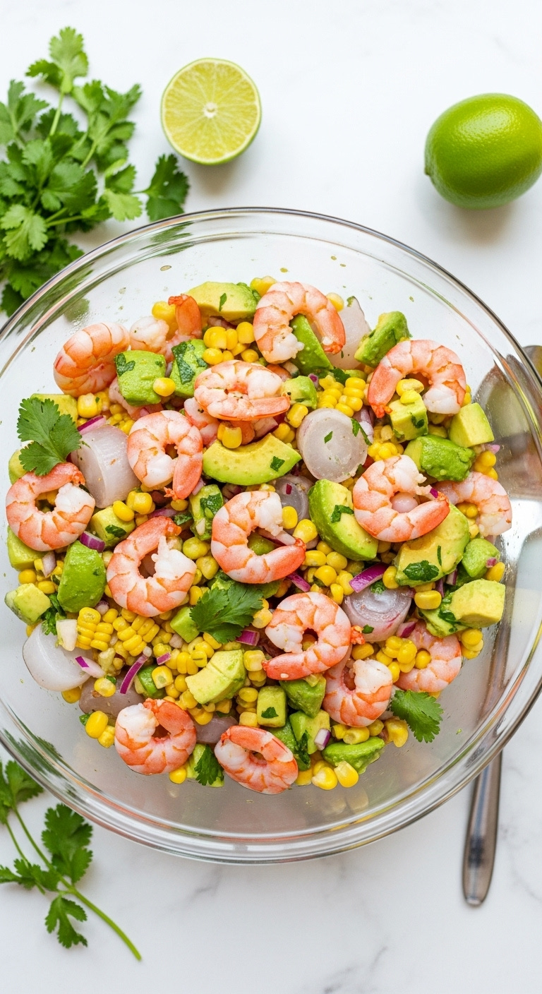Clear Glass Bowl With Fresh Shrimp And Avocado Salad, Corn, And Red Onion, With Lime, Cilantro, And Serving Spoon