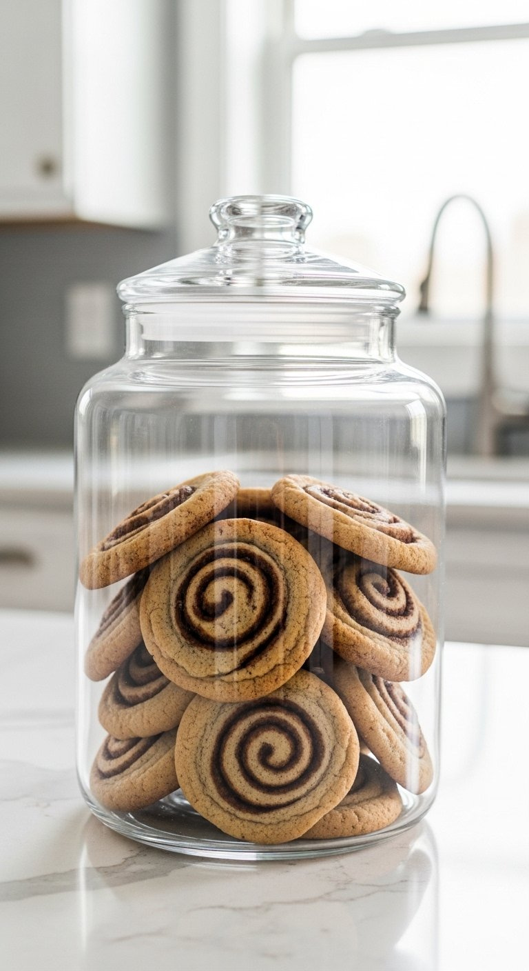 Clear Glass Cookie Jar Filled With Cinnamon Roll Cookies On White Quartz Kitchen Counter.