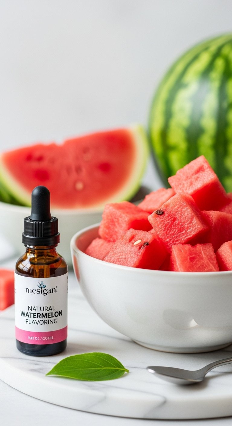Clear Glass Dropper Bottle Of Amber Liquid Next To A Bowl Of Vibrant Pink Watermelon Chunks.