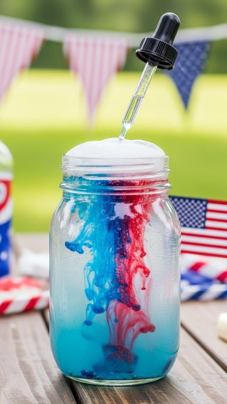 Clear Glass Mason Jar With Red And Blue Fizzing Liquid From Baking Soda And Vinegar Experiment Against Patriotic Backdrop