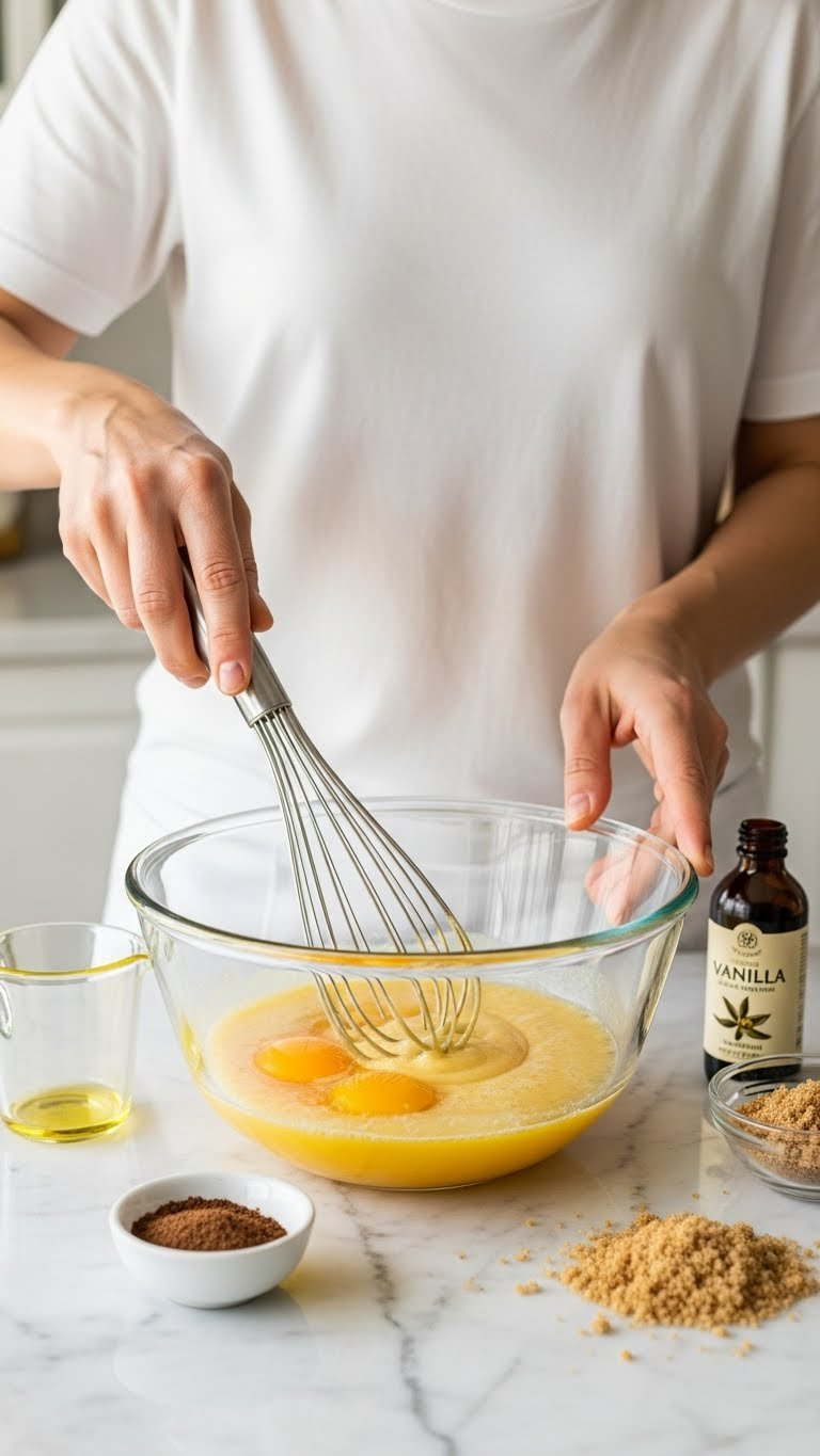 Clear Glass Mixing Bowl Containing Golden Mixture Of Eggs, Oil, Brown Sugar, And Vanilla Extract