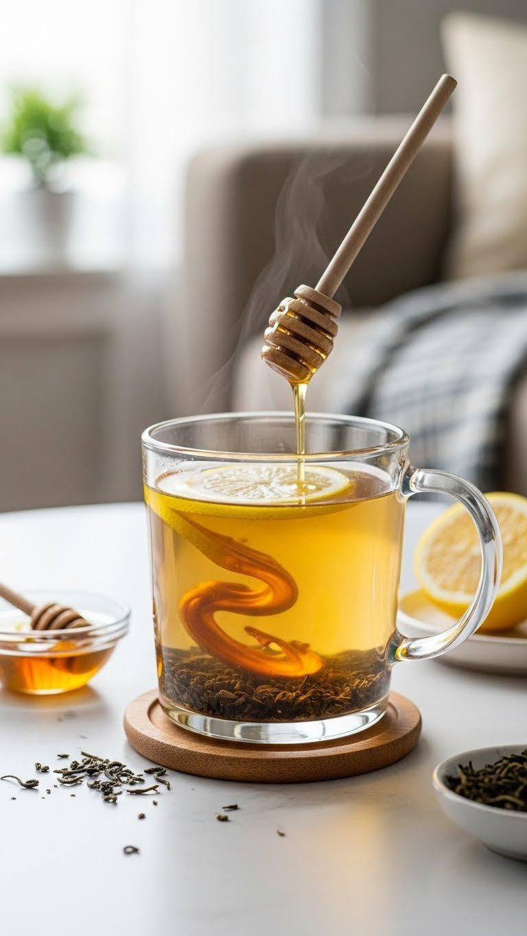 Clear Glass Mug Of Medicine Ball Tea With Green And Peach Tea, Lemon Slice, And Honey Swirl