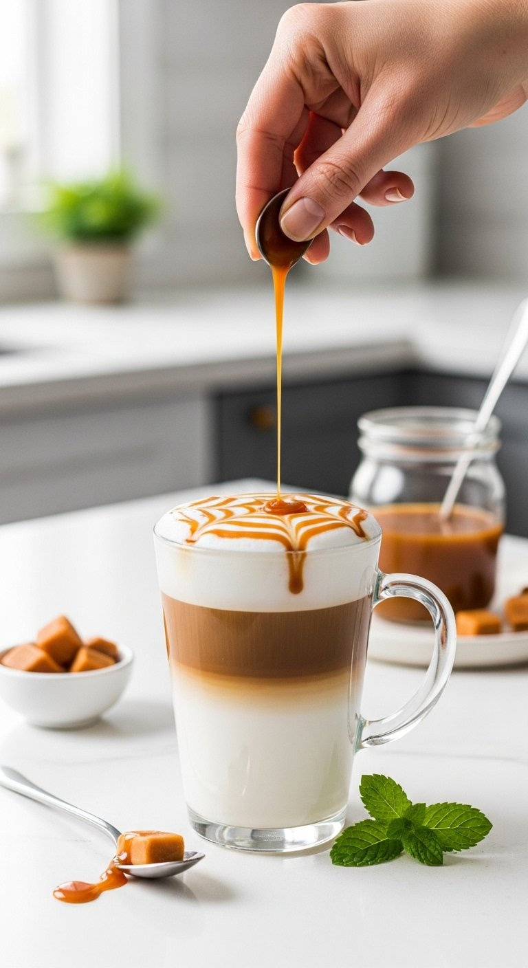 Clear Glass Mug With Layered Hot Caramel Macchiato Featuring Distinct Milk And Coffee Layers With Caramel Drizzle.