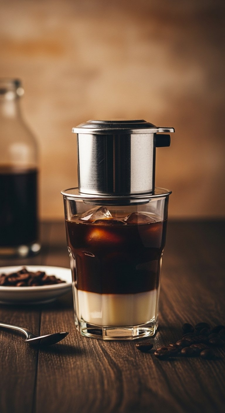 Clear Glass Of Vietnamese Coffee With Condensed Milk And Phin Filter On A Dark Rustic Table.