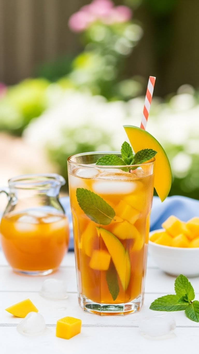 Clear Glass Of Amber Mango Iced Tea With Fresh Mango Slices And Mint Leaves
