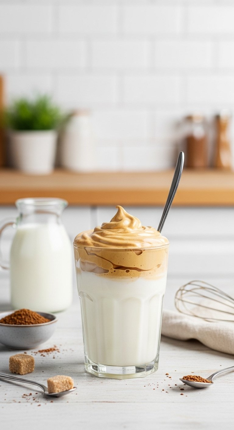 Clear Glass Of Cold Milk Topped With Thick Fluffy Whipped Coffee And A Long Spoon On Wood.