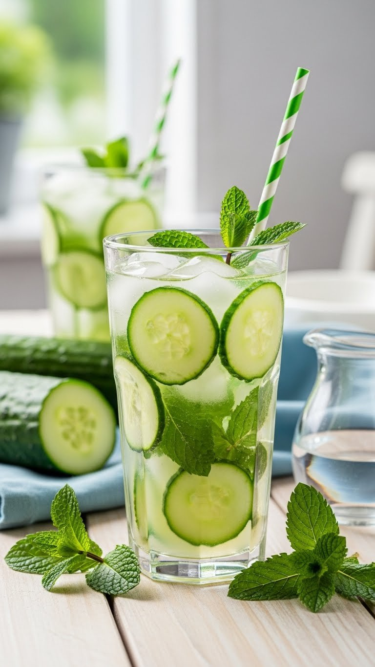 Clear Glass Of Cucumber Mint Refresher With Cucumber Slices And Mint Leaves On Light-Colored Wooden Table
