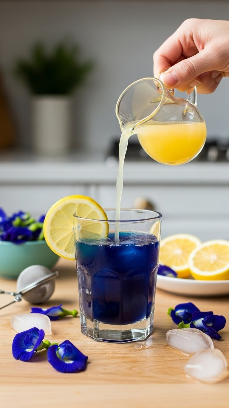 Clear Glass Of Indigo Butterfly Pea Flower Drink Showing Lemon Juice Pouring To Create Purple Color Change Effect