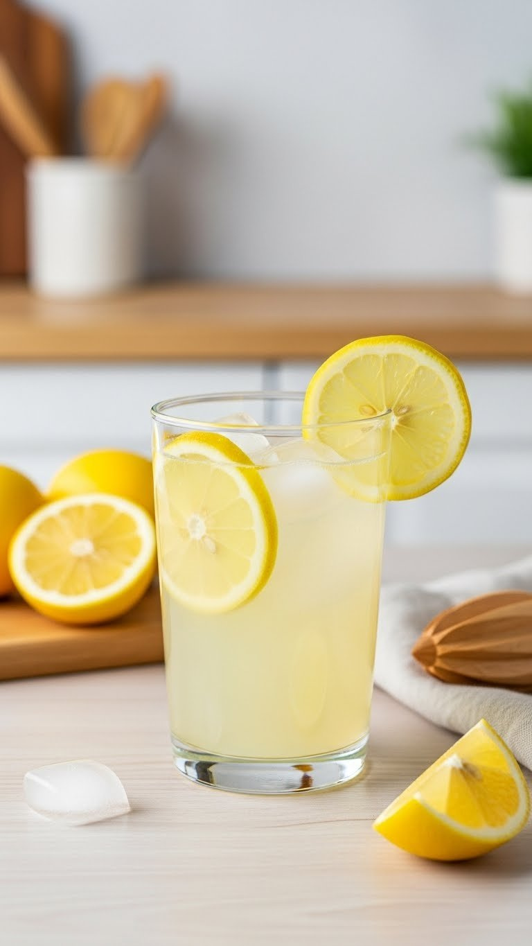 Clear Glass Of Keto-Friendly Lemonade With Lemon Wheels And Ice Cubes On Light Wooden Surface