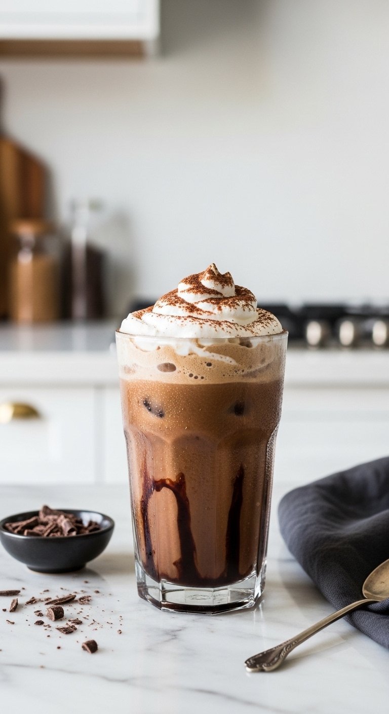 Clear Glass Of Layered Iced Mocha With Whipped Cream And Cocoa Powder On A Sleek Marble Countertop.