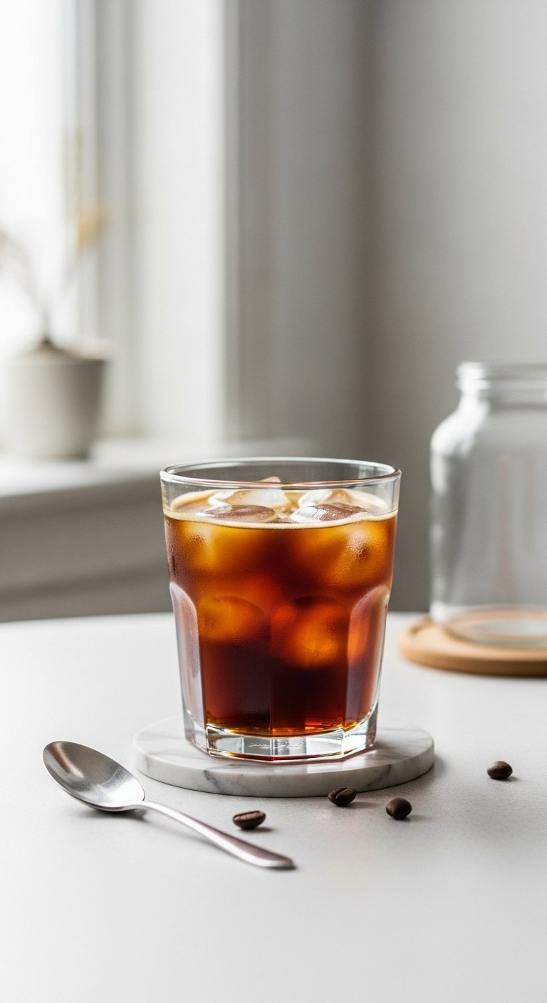Clear Glass Of Rich Iced Americano With Large Ice Cubes On A White Minimalist Table.