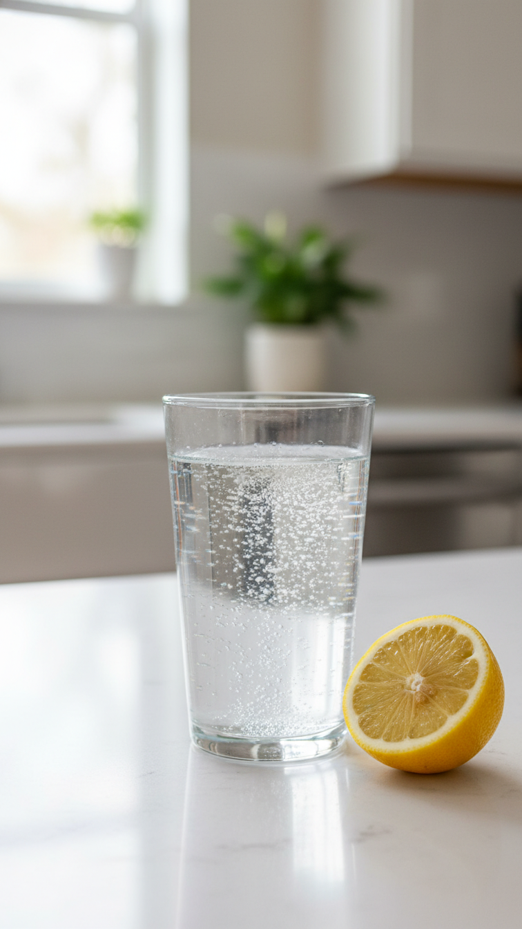 Clear Glass Of Water With Baking Soda And Lemon Slice On Clean Kitchen Countertop In Soft Morning Natural Lighting