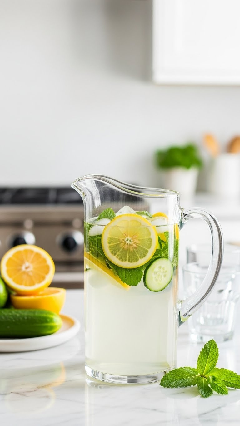 Clear Glass Pitcher Filled With Chilled Fruit-Infused Water Featuring Lemon Slices, Cucumber, And Fresh Mint Leaves On Marble Countertop