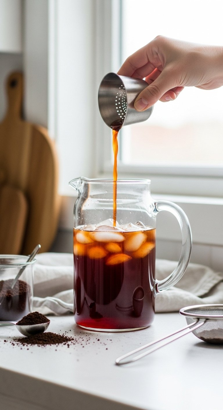 Clear Glass Pitcher Filled With Coarse-Ground Coffee Steeping In Cold Water On A Minimalist Countertop.