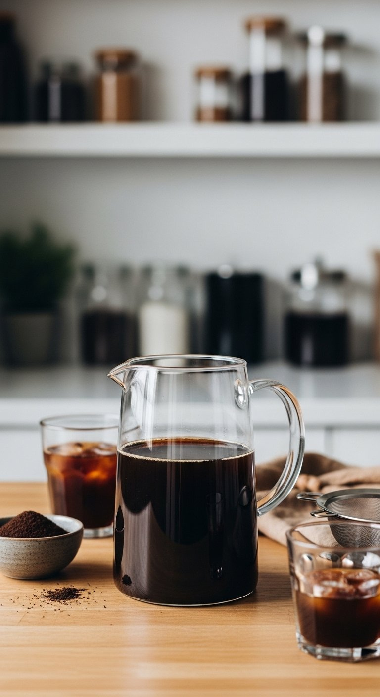 Clear Glass Pitcher Of Dark Cold Brew Concentrate On A Wooden Countertop.