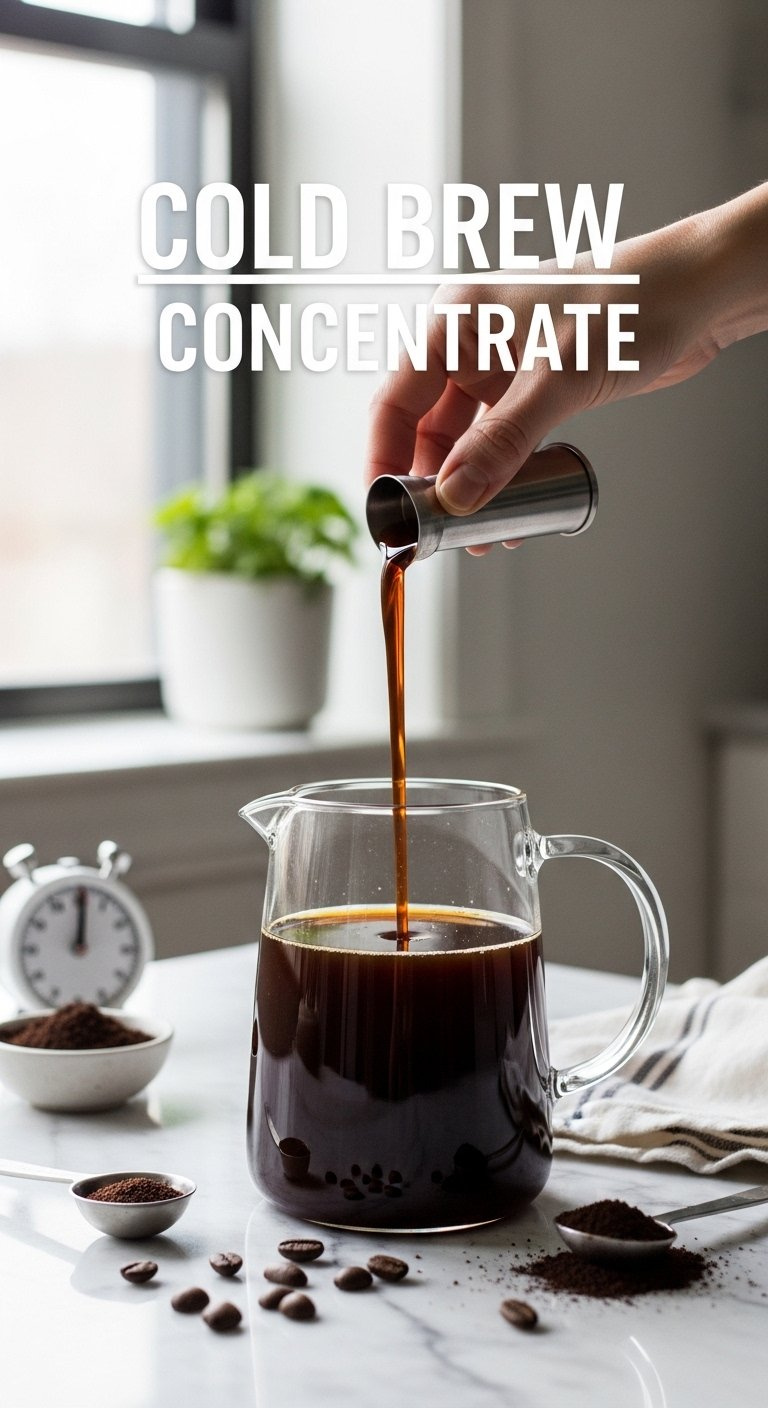 Clear Glass Pitcher Of Dark Cold Brew Concentrate With Scattered Coffee Beans On A Marble Countertop.