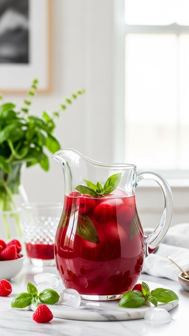 Clear Glass Pitcher Of Deep Red Raspberry Basil Iced Tea With Whole Berries And Fresh Basil Leaves On Marble Countertop