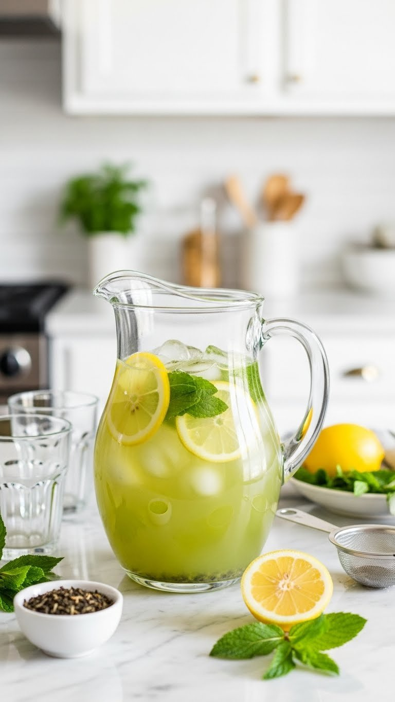 Clear Glass Pitcher Of Pale Green Cold Brew Tea With Ice, Lemon Slices, And Fresh Mint