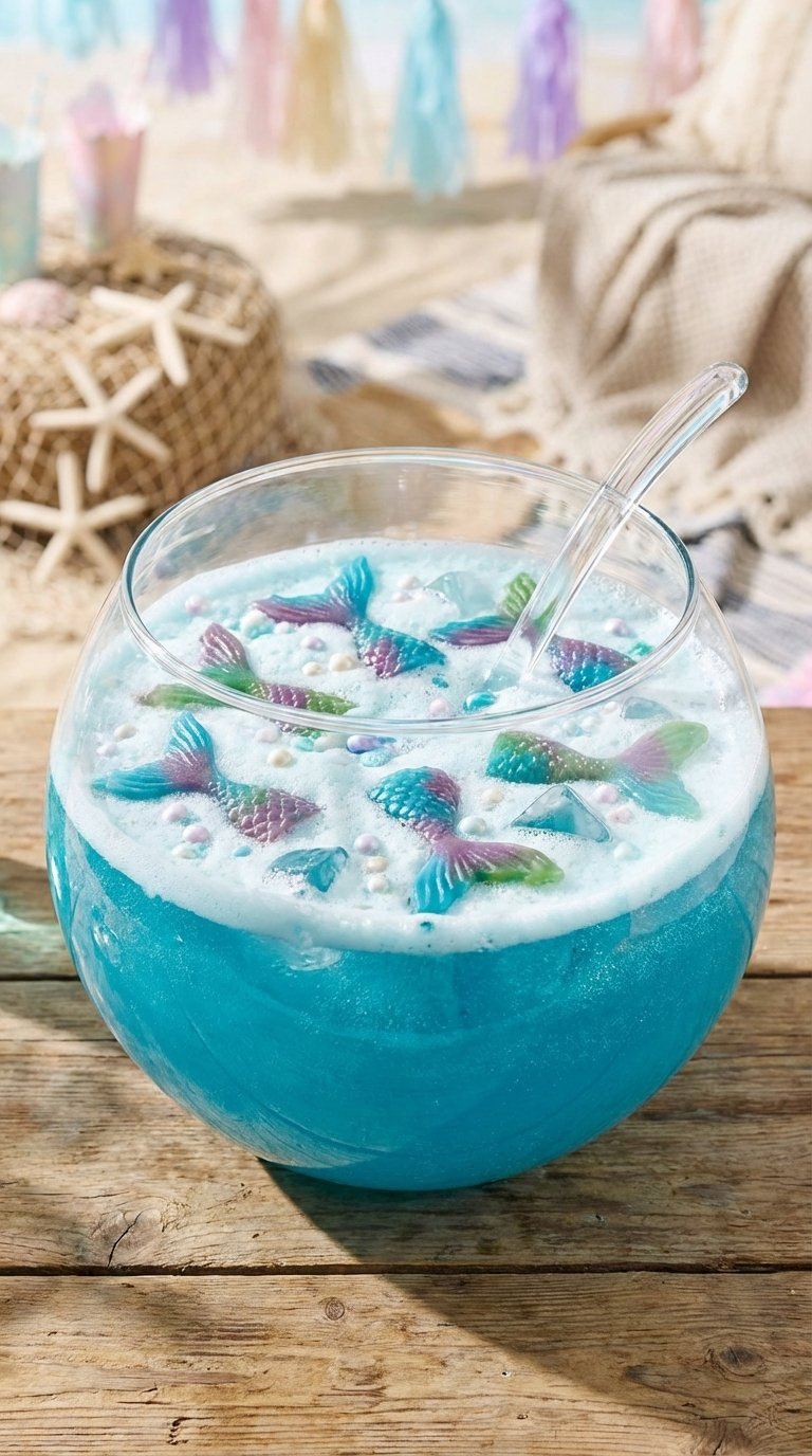 Clear Glass Punch Bowl Filled With Vibrant Blue Sparkling Mermaid Party Punch Topped With Gummy Tails And Pearl Sprinkles