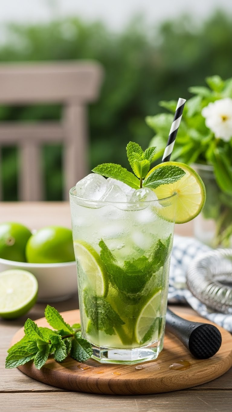 Clear Green Virgin Mojito Delight With Fresh Mint Leaves And Lime Wedges In Collins Glass